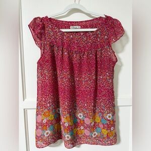 Forever 21 Unique Pink Floral Cap-Sleeve Blouse Size L
